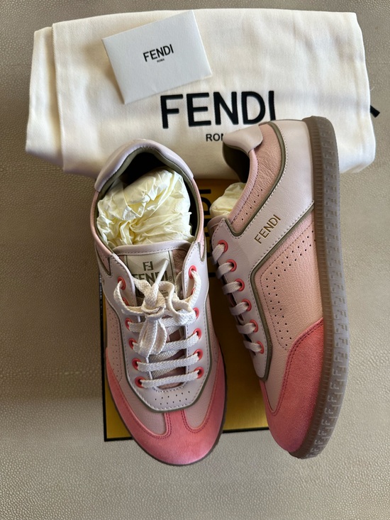 Fendi Shoes - Fendi Pink & Beige Leather Suede Low-Top Sneakers